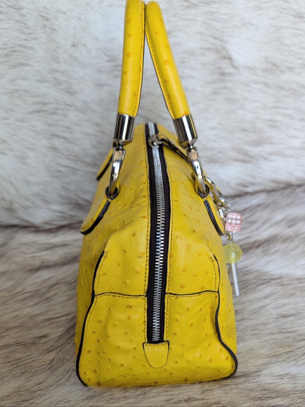 Coccinelle Bright Yellow Ostrich Embossed Convertible Satchel Crossbody Bag - Picture 8 of 14